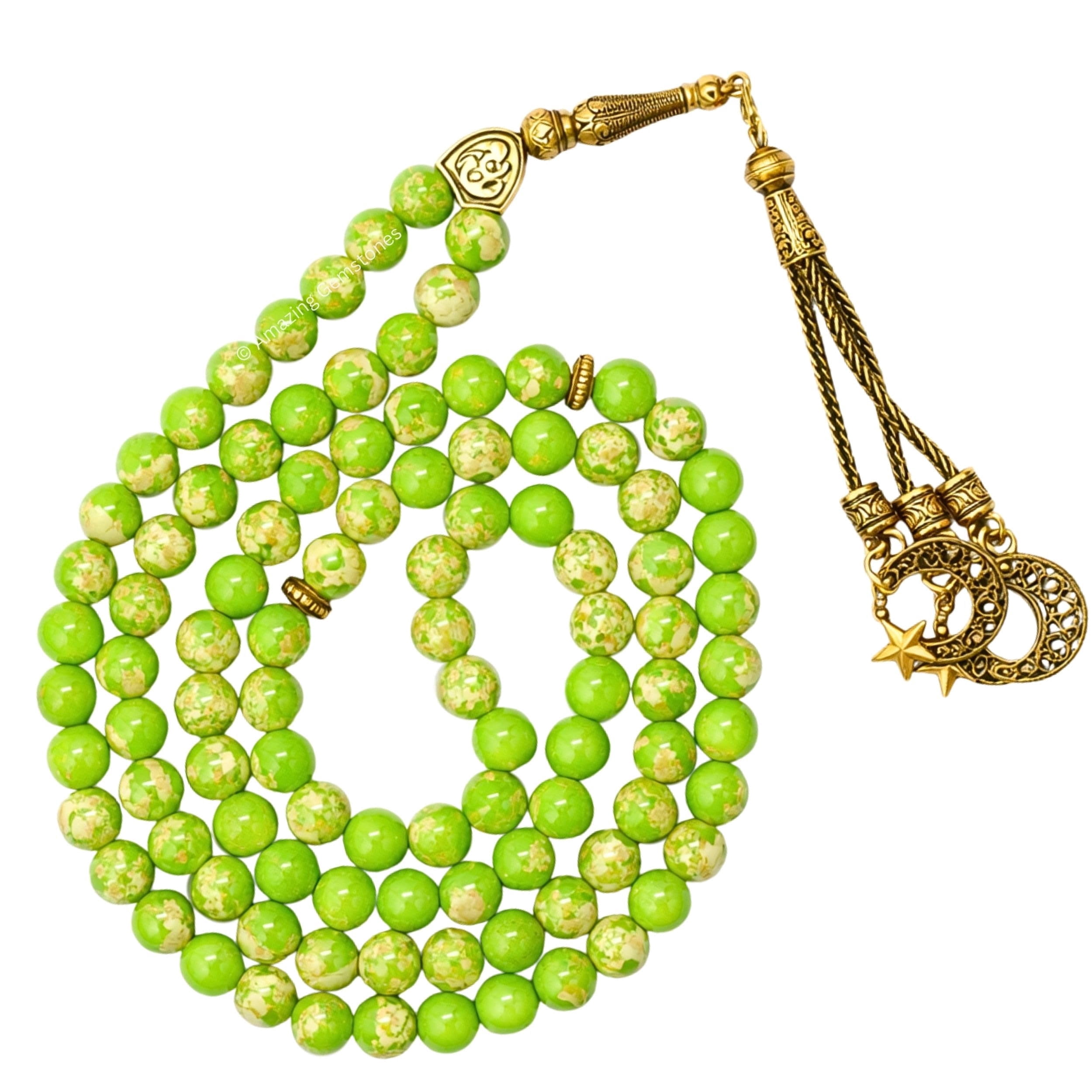 Green Turquoise Crystal Tasbeeh Prayer Beads, Muslim Islamic Tasbih for Dhikr, Namaz and Ramadan Gift (Golden)