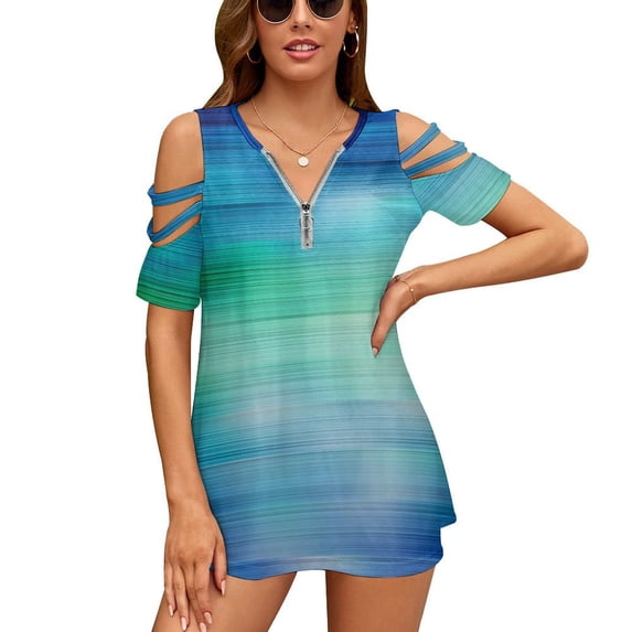 Green Turquoise Teal Blue Abstract Texture Womens Summer V Neck Zipper Top Short Sleeve T Shirt Off Shoulder Top Casual Classy Loose Shirts