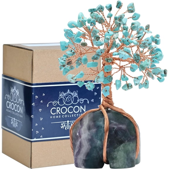 Green Turquoise and Fluorite Money Tree with Copper Wire Base Feng Shui Bonsai Ornament 5 to 6 Inches