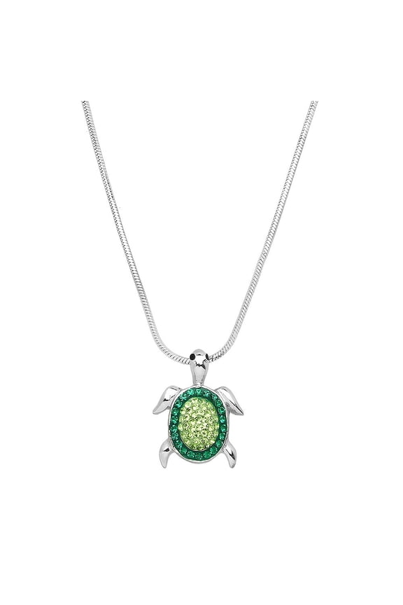 Green Turtle Pendant Necklace Rhinestone Crystal Rhodium High Polished J0186