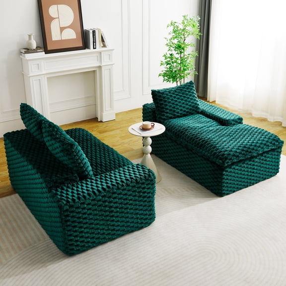 Green Turtle Velvet Convertible Sofa: 95.7" L-Shape/Straight Reversible 3-Seat with Right Chaise, Face-to-Face Seating, Soft & Durable Polyester, Ideal for Living Rooms & Apartments