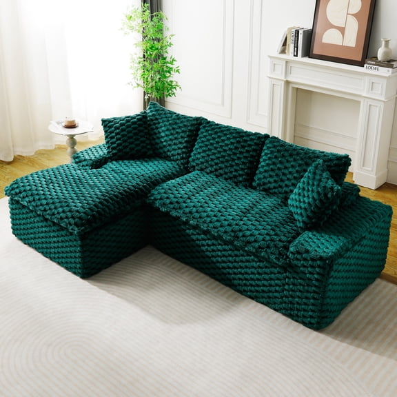 Green Turtle Velvet Versatile Sofa: Convertible Twin-Seat with Left Chaise Lounge (Left Sectional Chaise), Featuring Face-to-Face Seating, Switchable Between L-Shape and Straight Shape No.0449