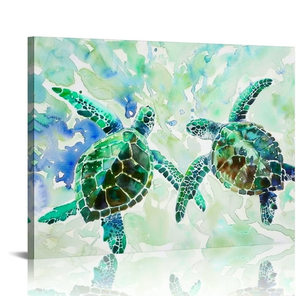 Green Turtles Ocean Watercolor Canvas Wall Art Decor Home Office Gift Ideas 16x12in