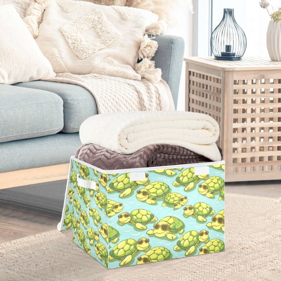 Green Turtles Storage Basket Foldable Laundry Basket Shelf Kids Toy Storage Container Organizer with Handles