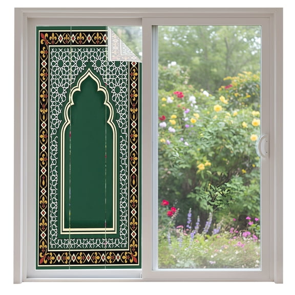 Green Twin Arches Window Privacy Film Rustic Forest Green Symmetrical Frame Decorative Glass Window Film UV Blocking Static Cling Non-Adhesive Sticker Covering for Home Door 35.4x78.7 inches