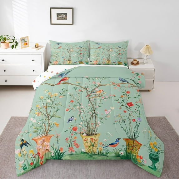 Green Twin Bedding Sets Women,Bird Floral Comforter Set Adults,Rustic Botanical Plants Bedding Comforter Sets,Watercolor Garden Flowers Bed Set,Reversible