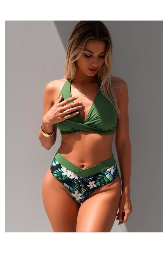 Green Two Piece Bikini Set Twist Front High Waist Swimsuit Floral Print Bathing Suit for Women Fashion Beach Pool Vacation Summer
