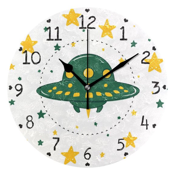 Green Ufo with Stars Round Wall Clock Silent Analog Battery Operated Black Pointer Home Decor 9.84" Diameter
