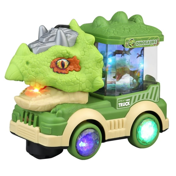 Green Universal Wheel Spray Dinosaur Car Toy With Lights Sound Effects T Rex Shape Engineering Vehicle For Kids Fun Play