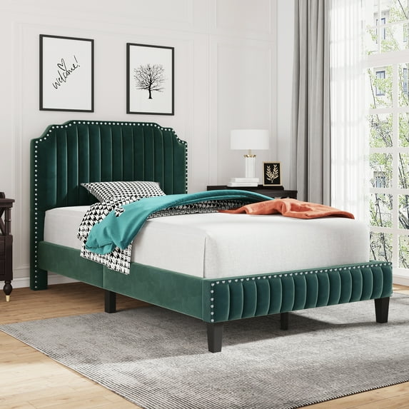 Green Upholstered Platform Bed, Full Size Bed Frame with Solid Wooden Slat Support and Curved Upholstered Wingback Headboard, Heavy Duty Full Bed Mattress Foundation, No Box Spring Required