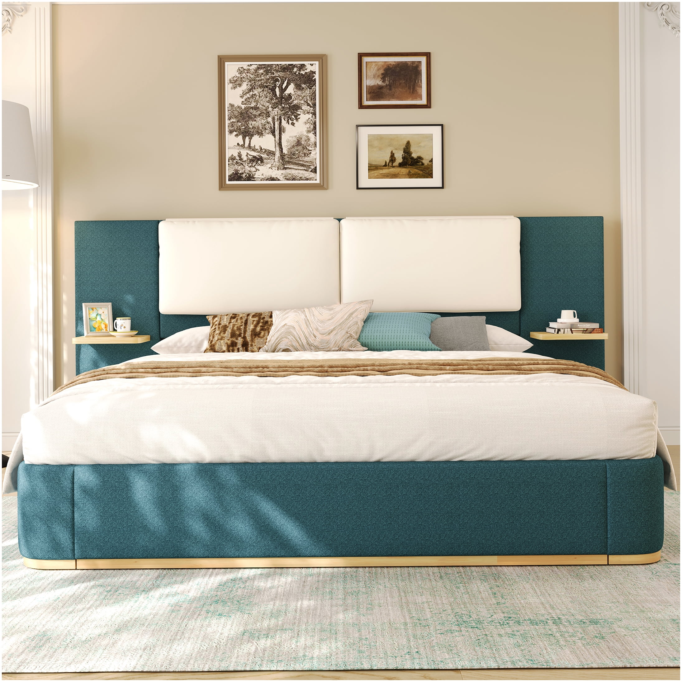 Green Upholstered Queen Bed Frame with Storage Shelves and Headboard
