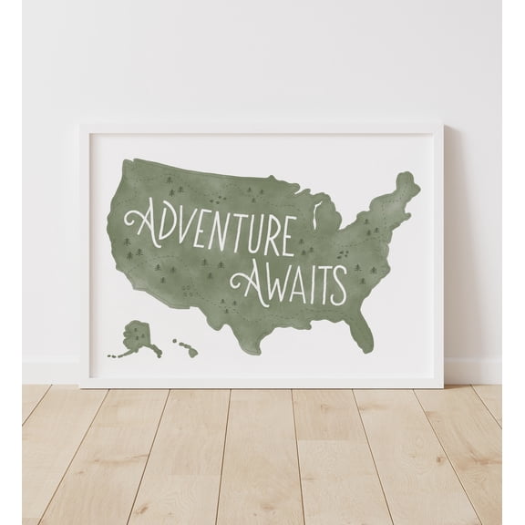 Green Us Map Poster Woodland Nursery Decor Adventure Awaits Wall Art Boys Room Poster, Unframed Size 12x18