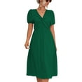 thumbnail image 1 of Green V-Neck Twist Knot Dress with Short Puff Sleeves - Loose Casual Style for Everyday Wear, Size XL, 1 of 6