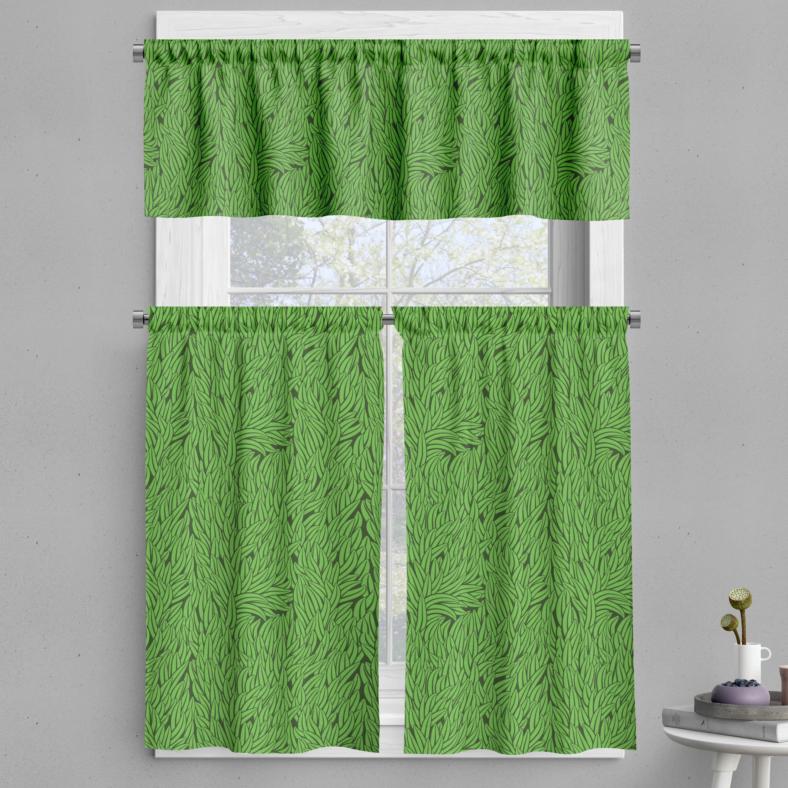 Green Valance & Tier Curtain 3 pcs Set, Hand Drawn Style Grass Pattern