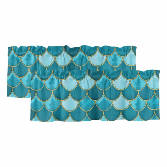 Green Valances for Windows, Decorative Rod Pocket Window Valance Curtains, Modern Geometric Fish Scale Abstract Moroccan Short Curtain Drapes for Kitchen/Bathroom/Living Room, 2 Panels, 42" W x 12" L