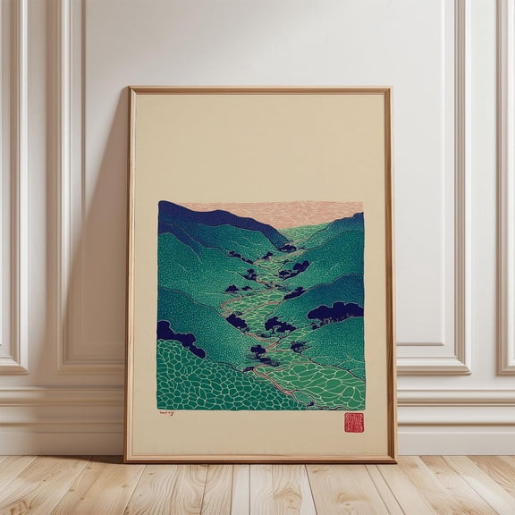 Green Valley Landscape Abstract Mountain River Japanese Style Art, Unframed Paper Poster 8x10in
