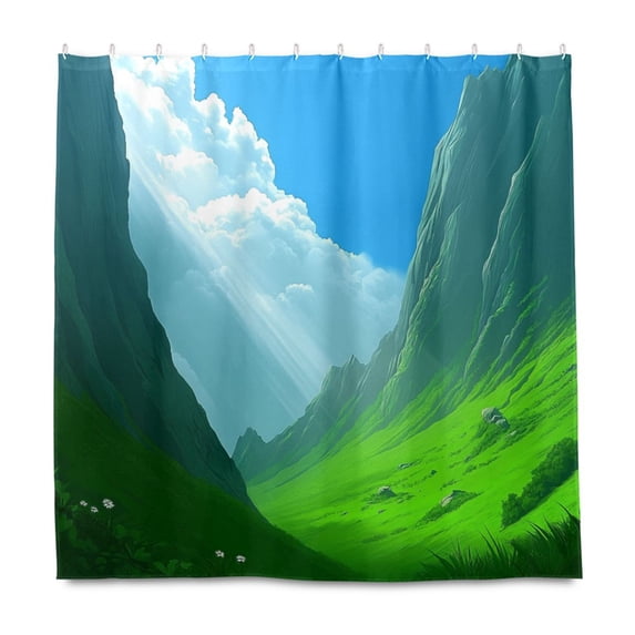 Green Valley Pattern 72x72 Waterproof Shower Curtain Liners Durable Metal C-Hooks Fade-Proof Thermal Print Anti-Splash