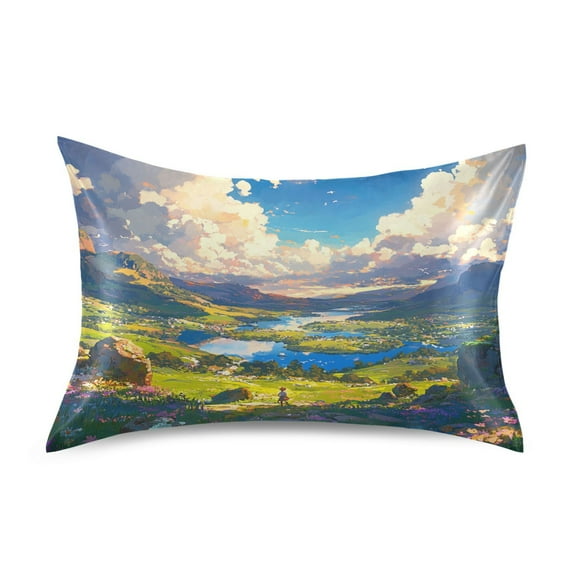 Green Valley Pattern Design Queen Size Pillowcase Silky Smooth Finish Anti Wrinkle Design Easy Envelope Closure 20x30in