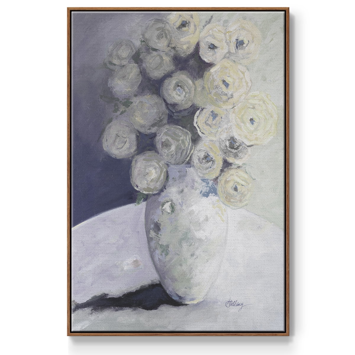 Green Vase with Yellow Flowers Framed Premium Gallery Wrapped Canvas - Ready to Hang - 17 x 25 - Walnut Floating Frame