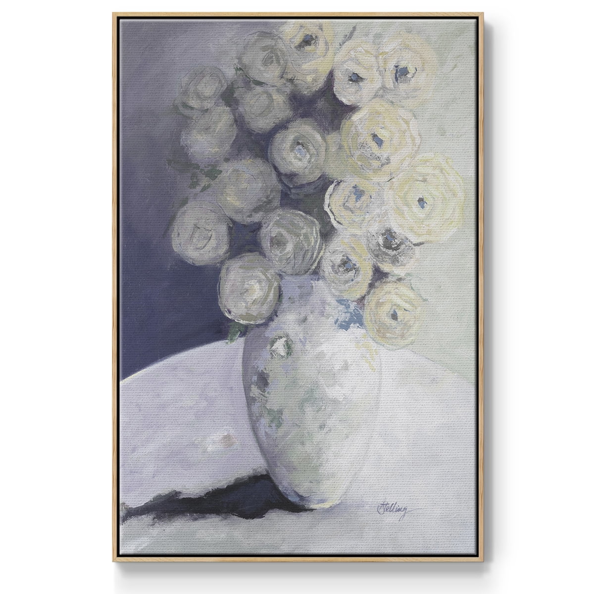 Green Vase with Yellow Flowers Framed Premium Gallery Wrapped Canvas - Ready to Hang - 27 x 41 - Natural Wood Floating Frame