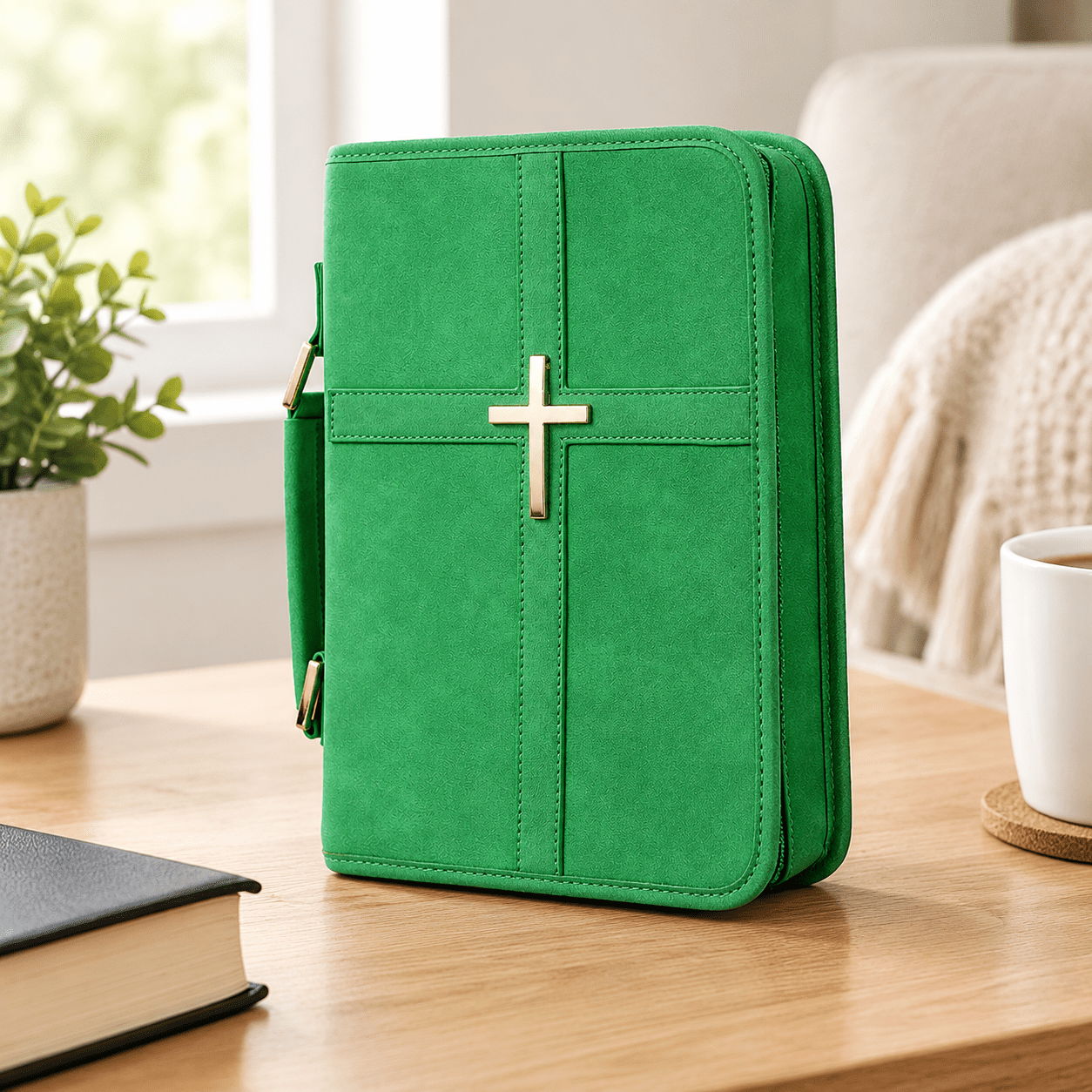 Green Vegan Leather Book Cover Case with Storage Pockets and Cross ...