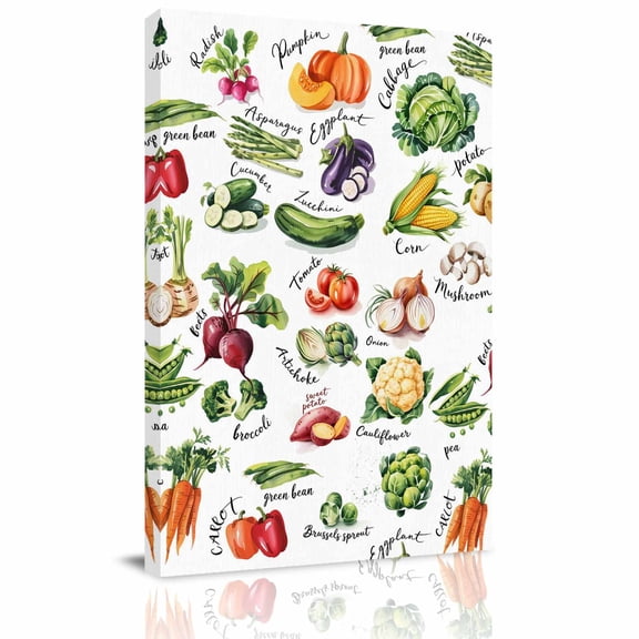 Green Vegetables Canvas Wall Art for Living Room, Carrot Pepper Corn Pumpkin Carrot Radish Poster Print Painting for Bedroom Office Home Decoration Wall Pictures Prepare To Hang 16"x24"