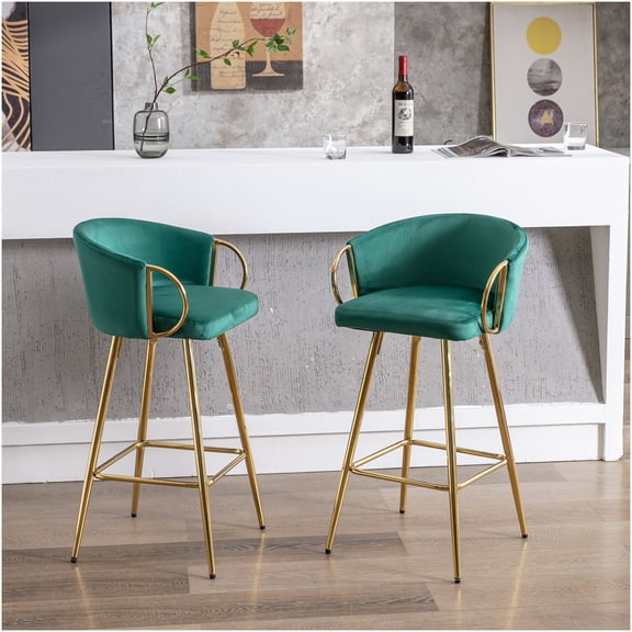 Green Velvet Bar Stools Set of 2 with Chrome Base and Footrest, Modern Counter Height Swivel Stools for Kitchen Island, Dining or Bar
