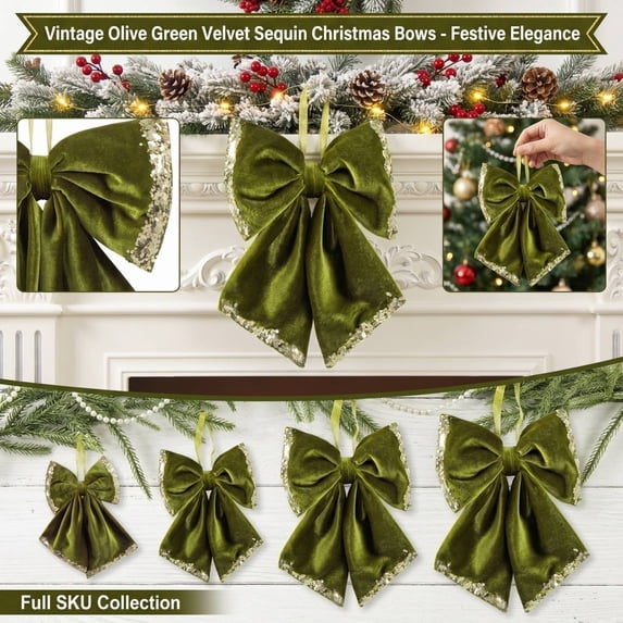 Green Velvet Bow Christmas Ornament Olive Green Gold Glitter Accent Christmas Tree Decor Indoor Christmas Decorations for Home Seasonal Hanging Mantel Decor Party Decor 1 Pack