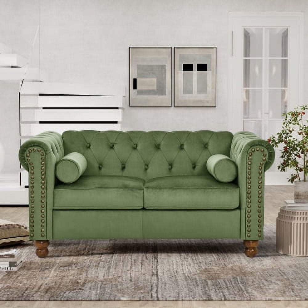 Green Velvet Chesterfield Love Seat - Classic Tufted 2-Seater Sofa with Nailhead Accents and Scrolled Arms for Living Room