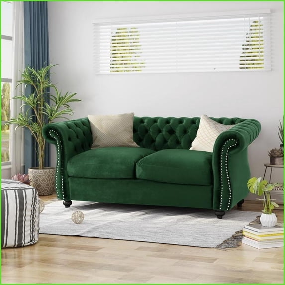 Green Velvet Chesterfield Loveseat | Rolled Arms | Tight Back | Tufted ...