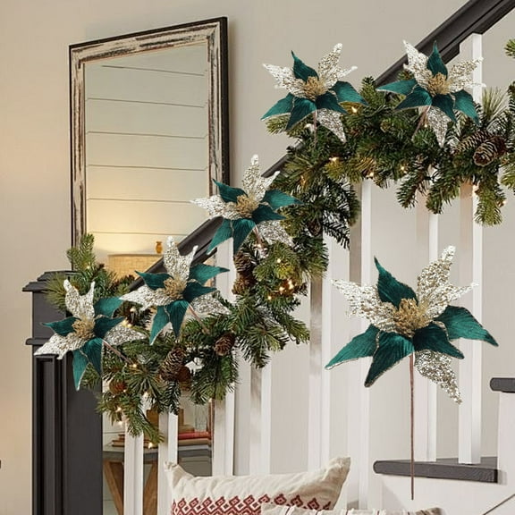 Green Velvet Christmas Flower Decoration Handcrafted Ornament with Glitter Accents for Holiday Tree Decorating and Seasonal Home Embellishment for Festive Celebrations