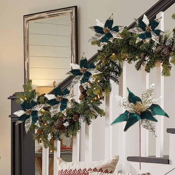 Green Velvet Christmas Flower Decoration Handcrafted Ornament with Glitter Accents for Holiday Tree Decorating and Seasonal Home Embellishment for Festive Celebrations