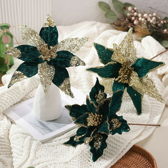 Green Velvet Christmas Flower, Glitter Sequins Decoration, Simulated Floral Arrangement, 30cm for Holiday Tree Decor,Vsgery
