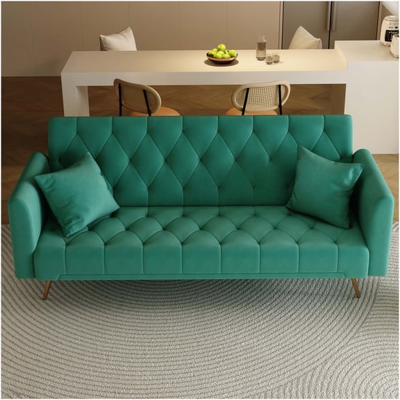 Green Velvet Convertible Sofa Bed, 71" American Retro Love Seat for Small Spaces, Living Room, Bedroom, Office
