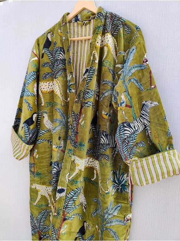 Green Velvet Cotton Kimono Robe Jackets Dressing Gown Wedding Robe Free Size Bathrobe With Belt