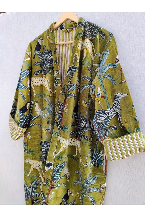 Green Velvet Cotton Kimono Robe Jackets Dressing Gown Wedding Robe Free Size Bathrobe With Belt