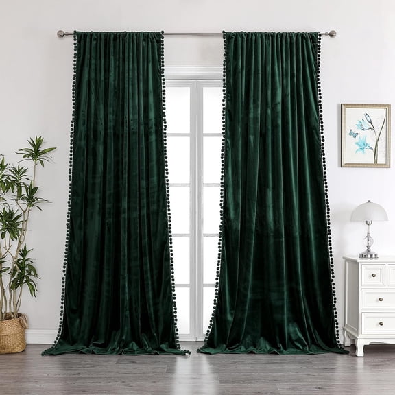 Green Velvet Curtains for Bedroom Window with Pom Pom, Super Soft Luxury Drapes, Room Darkening Thermal Insulated Rod Pocket Curtain for Living Room, W52 by L108 inches, 2 Panels