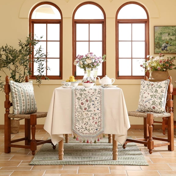 Green Velvet Fabric Cloth Runner for Table,Farmhouse Birds Pattern 118 Inches Extra Long Table Runners,Decoration Tabletop for Dining Room,Banquet,Thanksgiving,New Year,Holiday,12"*118"