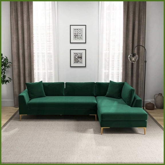 Green Velvet Mid-Century Modern L-Shaped Sectional Sofa - Right Facing with Solid Wood Frame for Living Room