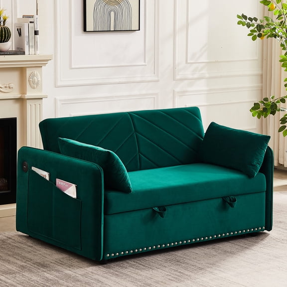 Green Velvet Pull-Out - Adjustable Back and Storage Function - Living Room for Family Time - Practical and Comfortable