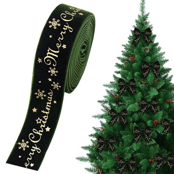 Green Velvet Ribbon, Gold Foil Merry Christmas Letter Snowflake Printed Christmas Ribbon, Green and Gold Ribbon for Gift Package, Xmas Tree Bow, Wreath Garland Craft Supplies