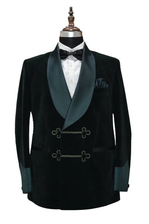 Green Velvet Smoking Jacket - Frogging Style for Evening & Wedding Wear