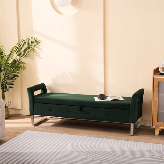 Green Velvet Storage Bench for Cozy Windowsill Relaxation and Magazines Storage