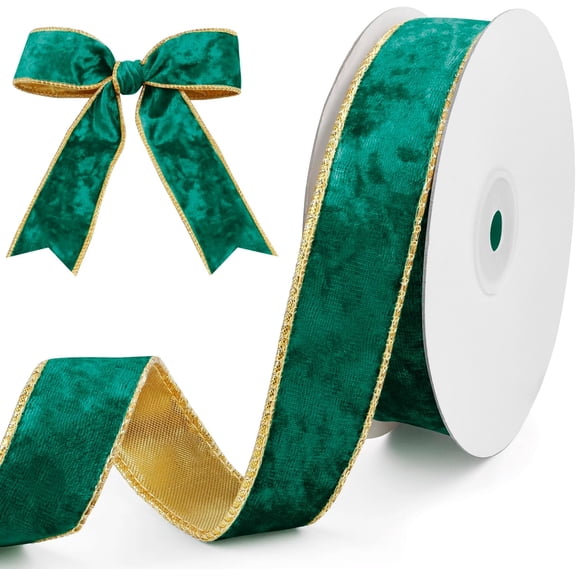 Green Velvet Wired Ribbon 1 Inch x 10 Yards Crushed with Wired-Edge Trim for Gift Wrapping, Christmas Tree Decoration, Garland Wreaths Bows Making