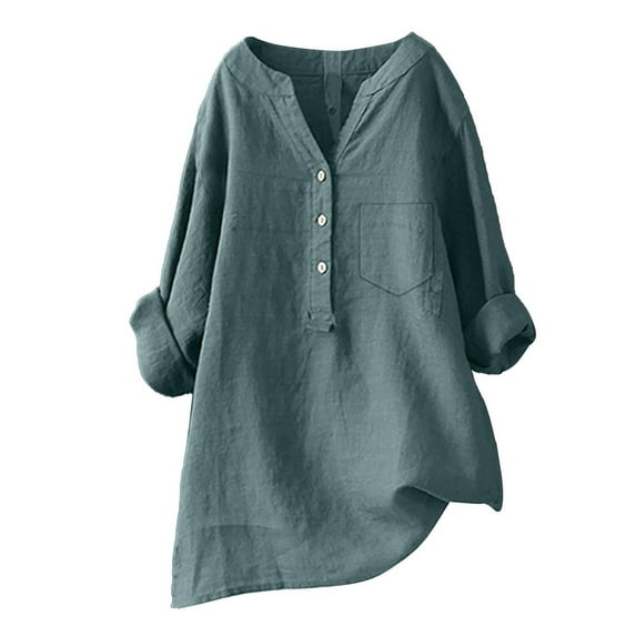 Green-Versatile V Neck Blouse Women's Solid Color Stand Up Collar Cotton Long Sleeved Shirt Blouse Green The Shirt Women Shirts(S)