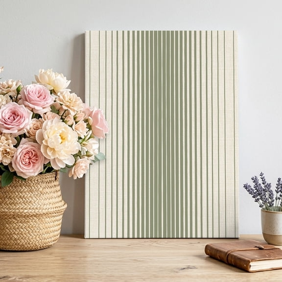 Green Vertical Lines Canvas Wall Art for Living Room, Modern Abstract Geometric Minimalist Stripes Poster Print Painting for Entryway Side Of Cabinet Decoration Wall Pictures Prepare To Hang 8"x12"