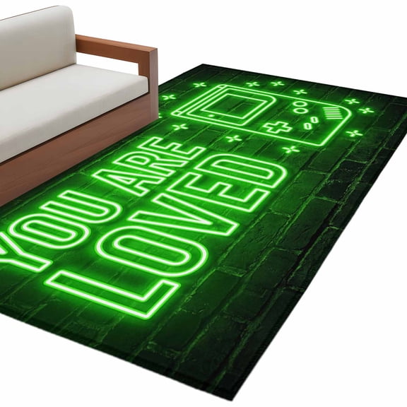 Green Video Game Area Rug 4x6 Washable Rug Non Slip Black Modern Text Graffiti Brick Large Area Rug Indoor Floor Carpet for Entryway Bedroom Kitchen Living Room Home Office Dining Room Nursery