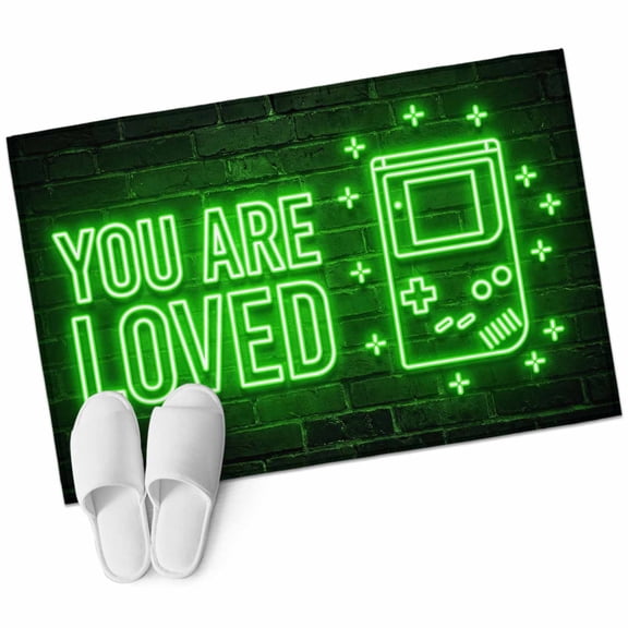 Green Video Game Bathroom Rug Washable 2x3 Entryway Rug Non Slip Black Modern Text Graffiti Brick Front Door Mat Low Pile Indoor Doormat Throw Floor Carpet for Kitchen Bedroom Entrance