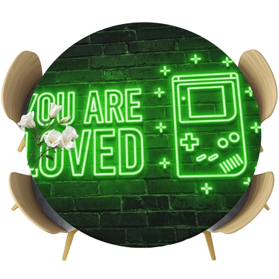 Green Video Game Round Tablecloth 36-44 Inch Round Fitted Table Cloth with Elastic Edge, Black Modern Text Graffiti Brick Waterproof Table Cover Protector for Outdoor Picnic Party Dining