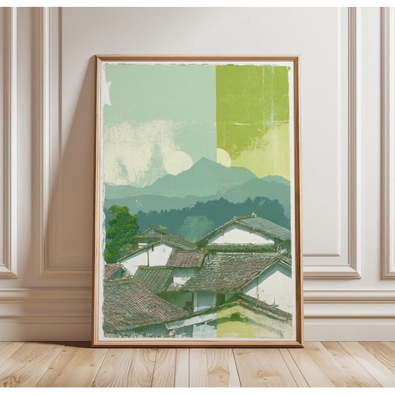 Green Village Landscape Poster Mountain Town Asian Rooftops Decor, Unframed Poster